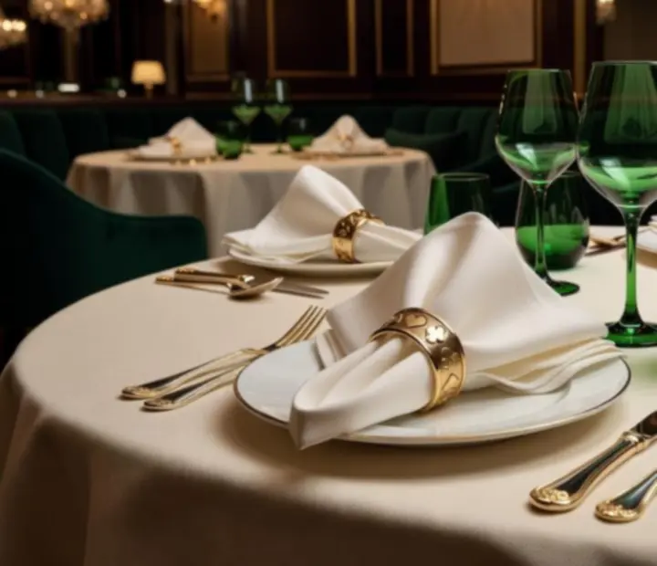 Détail de table dressée avec lumière dorée et décor inspiré des grands salons