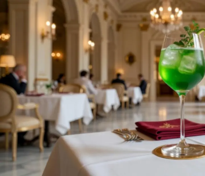 Cocktail émeraude servi dans un verre élégant au bar