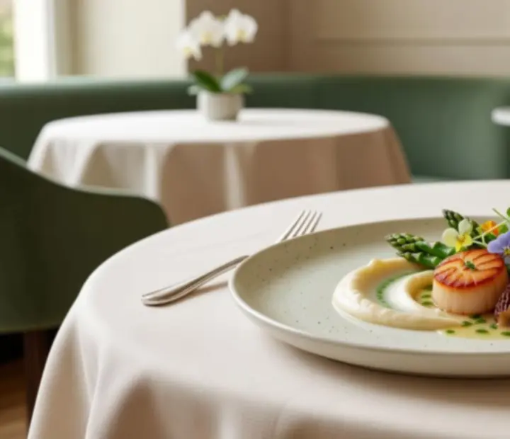 Plat signature dressé avec finesse sur assiette contemporaine