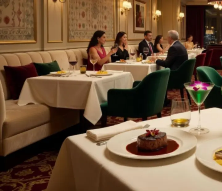 Assiettes gastronomiques et verres de vin sur une table élégante