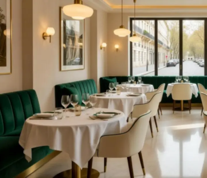 Intérieur élégant du restaurant Avis Recommandés, tables dressées dans une lumière chaleureuse.