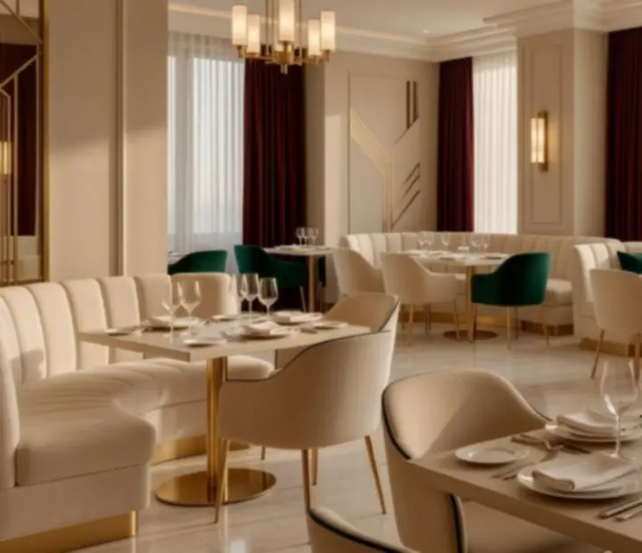 Salle de restaurant élégante avec lumière tamisée et tables dressées