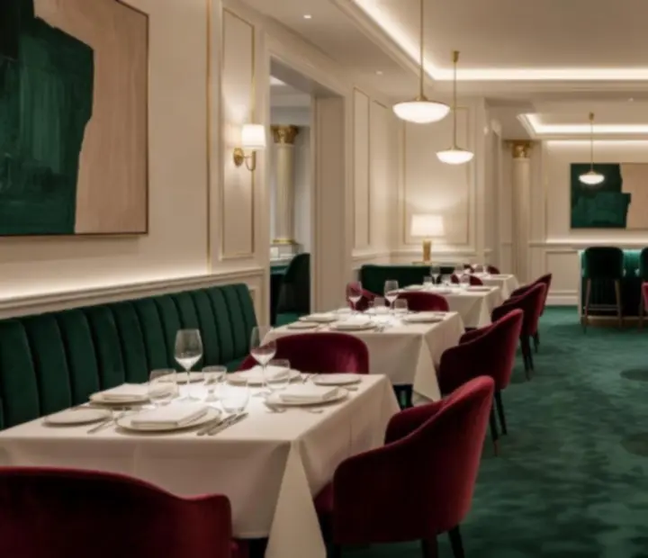 Salle de restaurant élégante avec ambiance feutrée et éclairages dorés