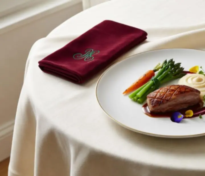 Gros plan sur un plat signature gastronomique dressé avec précision.