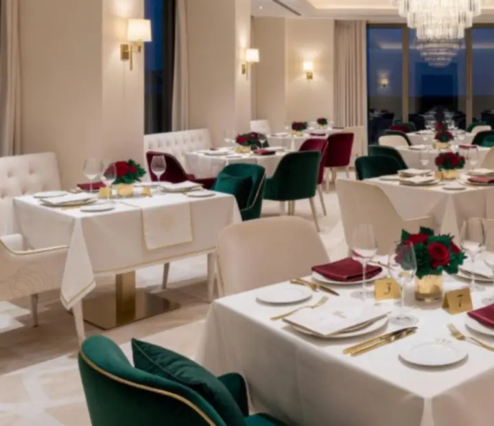 Salle de restaurant élégante préparée pour une réception privée