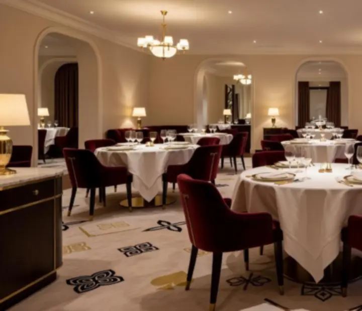 Salle de restaurant spacieuse avec grandes tables et lumière douce